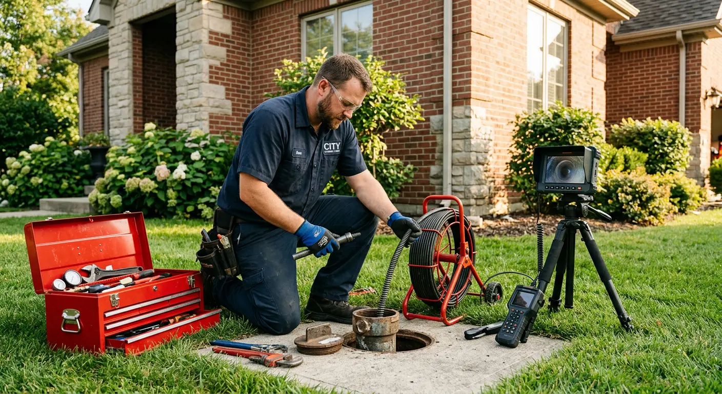 Sewer specialist with camera equipment servicing a cleanout in Winthrop