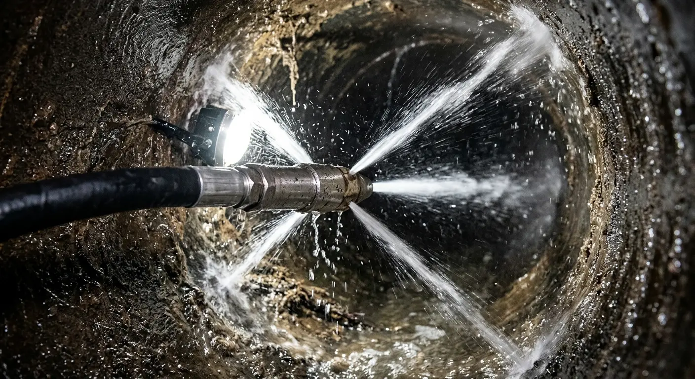High-pressure hydro jetting nozzle cleaning sewer pipe for Sewer Cleanout in Winthrop