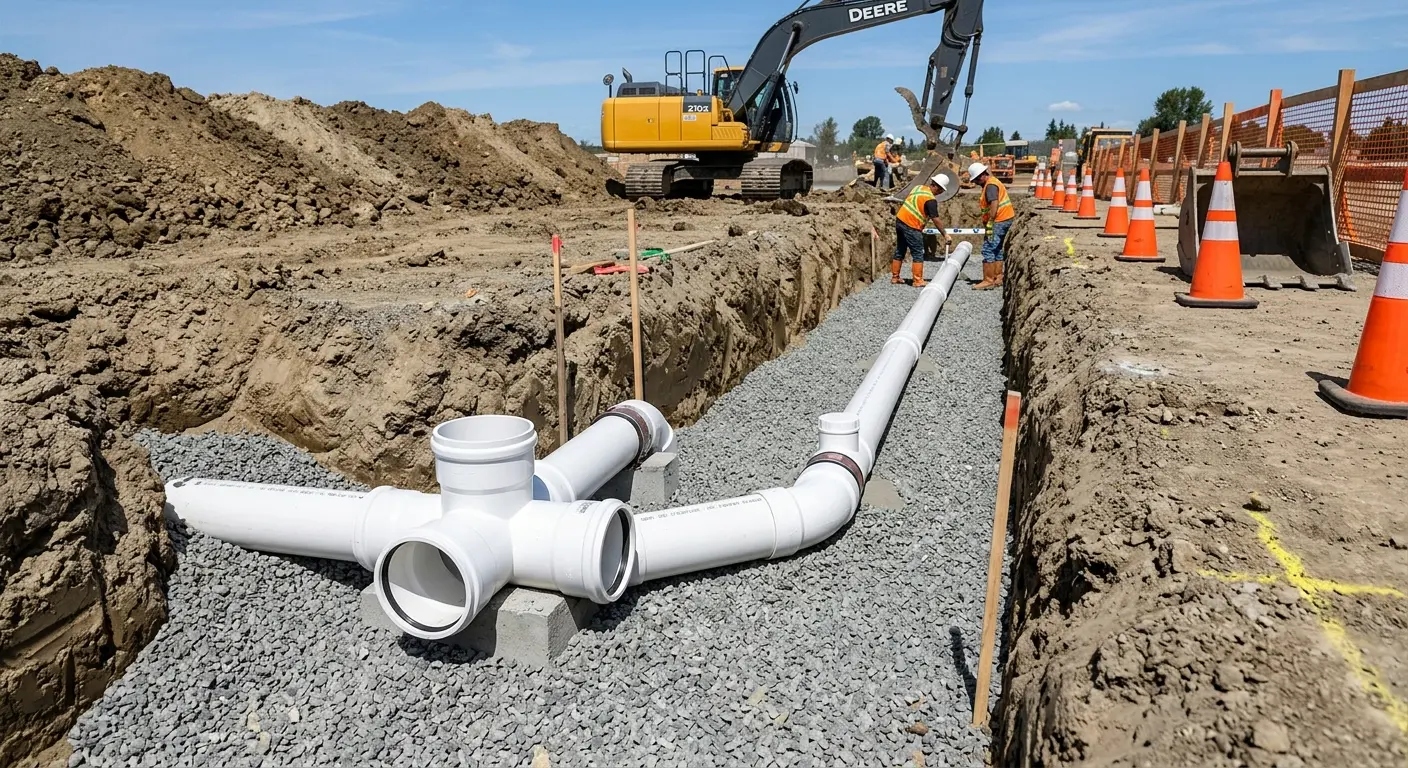 New PVC sewer pipe installation in open trench for Commercial Drain Cleaning in Winthrop