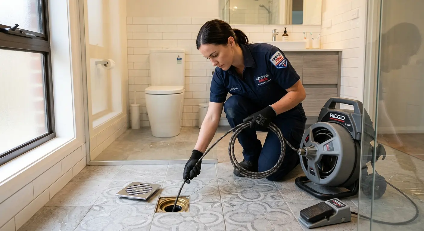 Technician clearing a bathroom floor drain for Hydro Jetting in Winthrop
